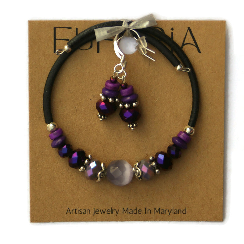 Wrap Bracelet & Earring Set - Purple Cat's Eye