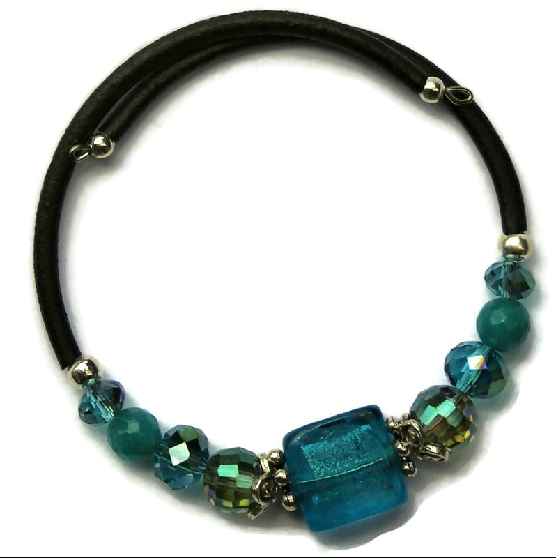 Wrap Bracelet & Earring Set - Teal Silver Foil Glass