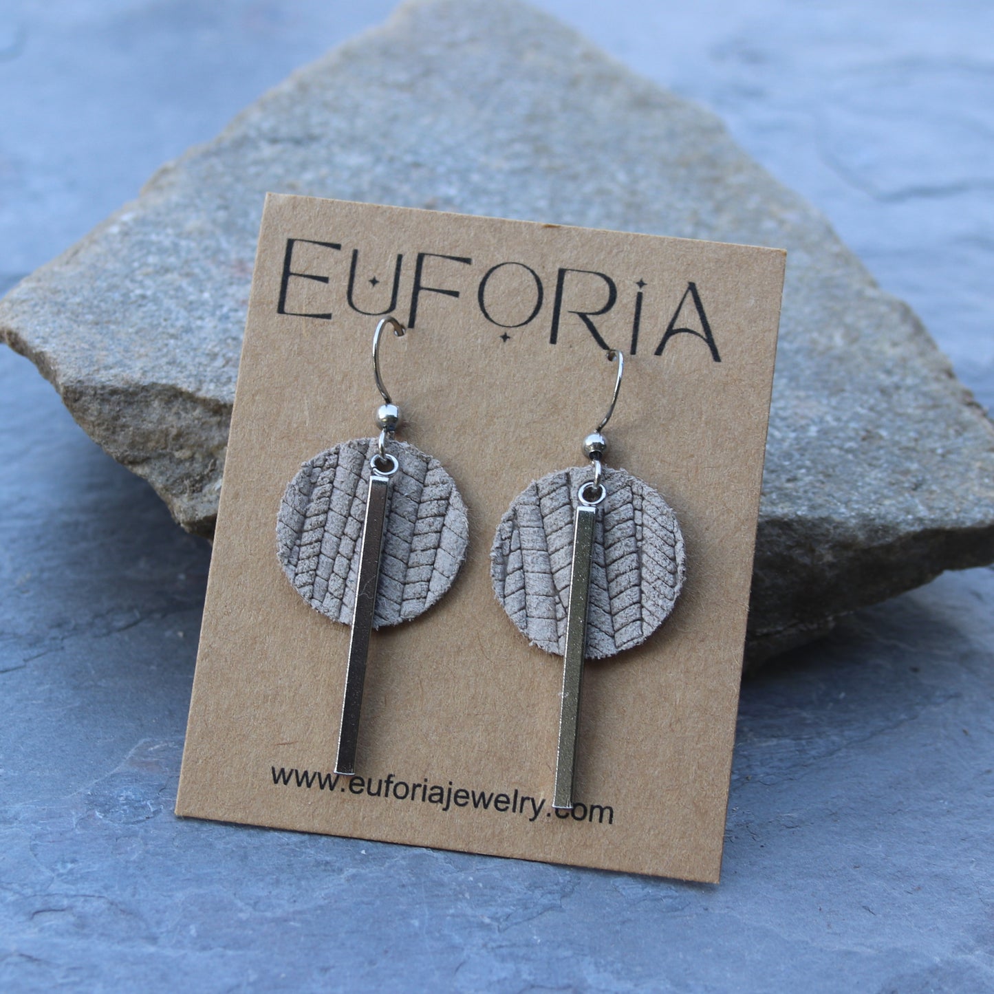 Latte color leather .75" circles with stainless bar charm dangle earrings
