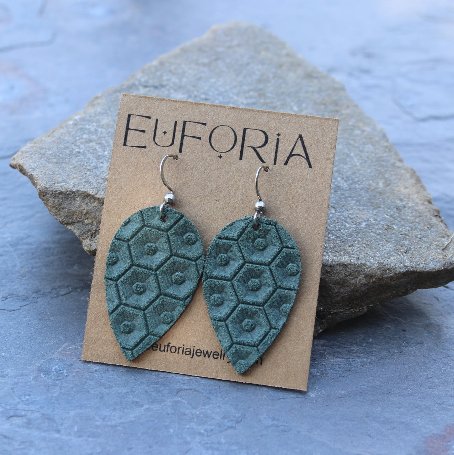 Spruce green beehive print leather teardrop earrings
