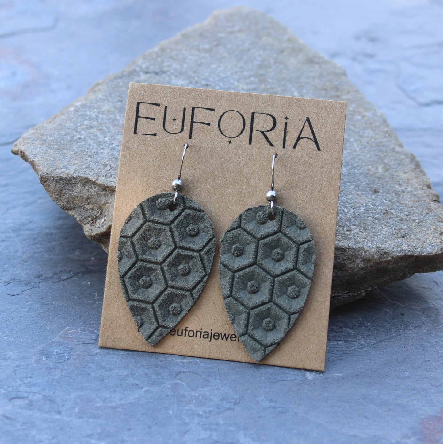 army green beehive print leather small teardrop earring