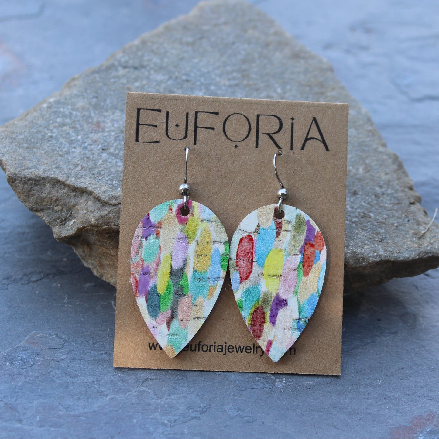 Multicolor paint drip pattern cork over leather small tear drop shape earring