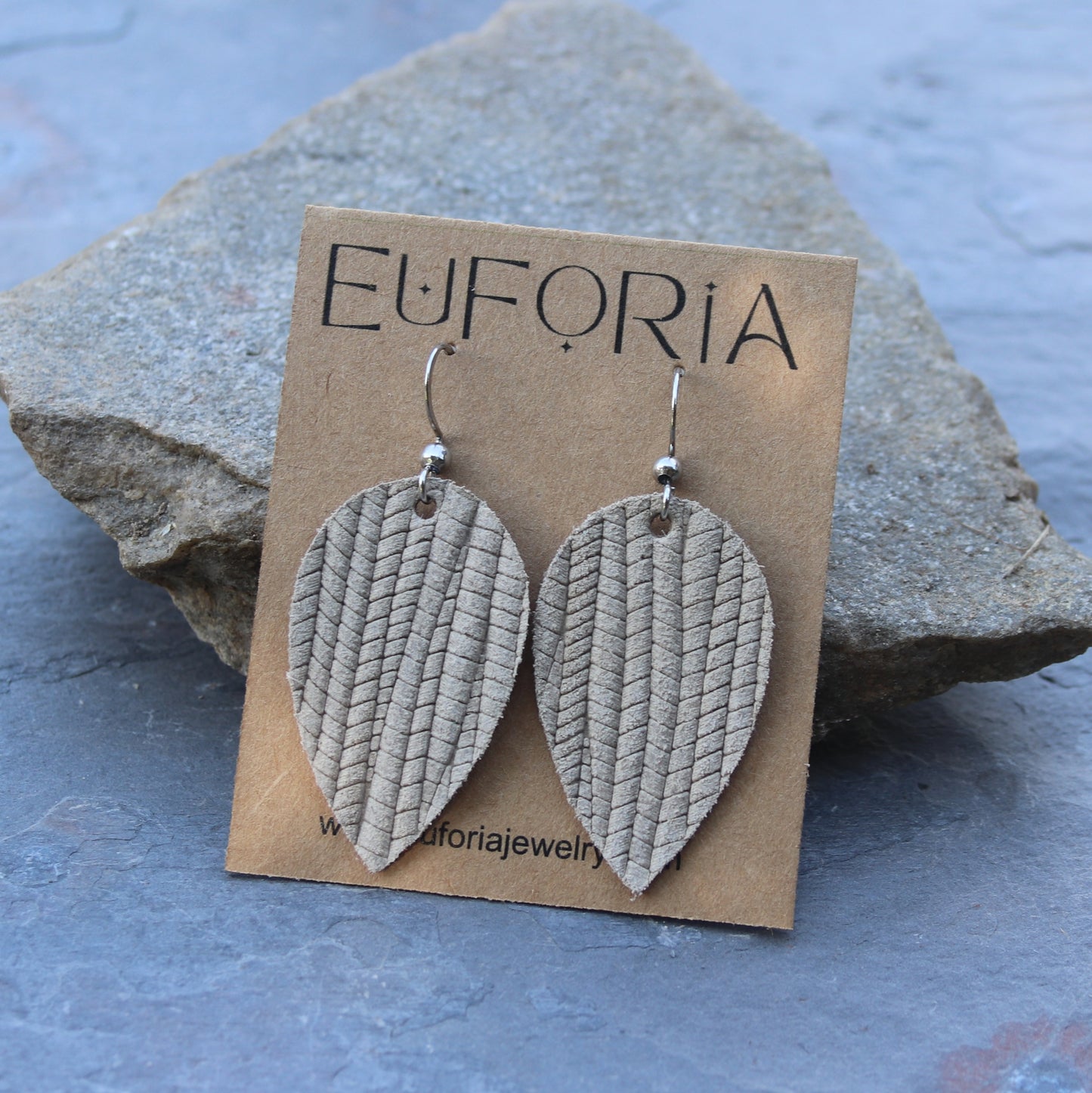 Small Teardrop Leather Earring - Latte Woven