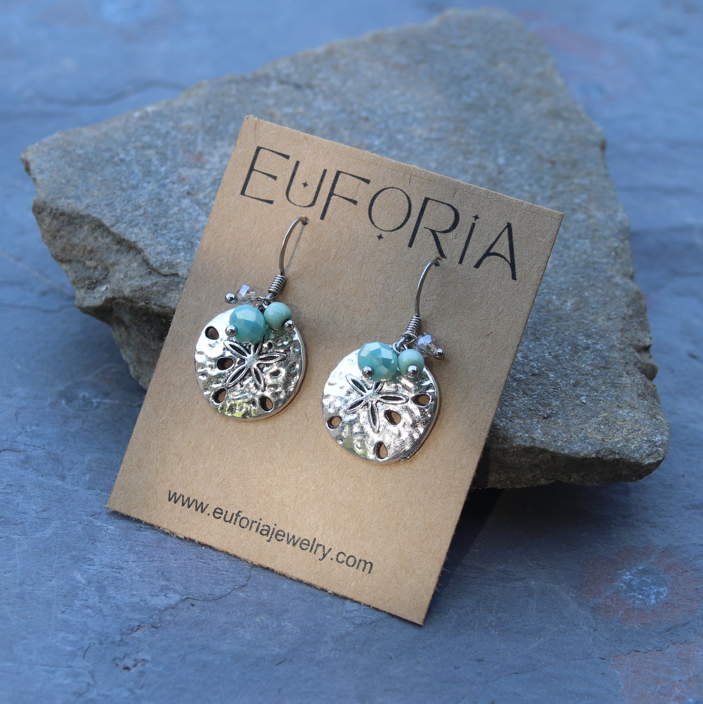 silver plated sand dollar charm and bead cluster earring