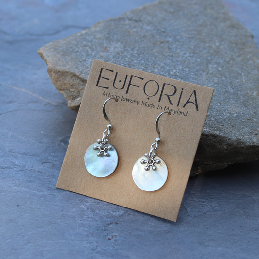 .75" shell disc dangle earrings, stainless ear wire