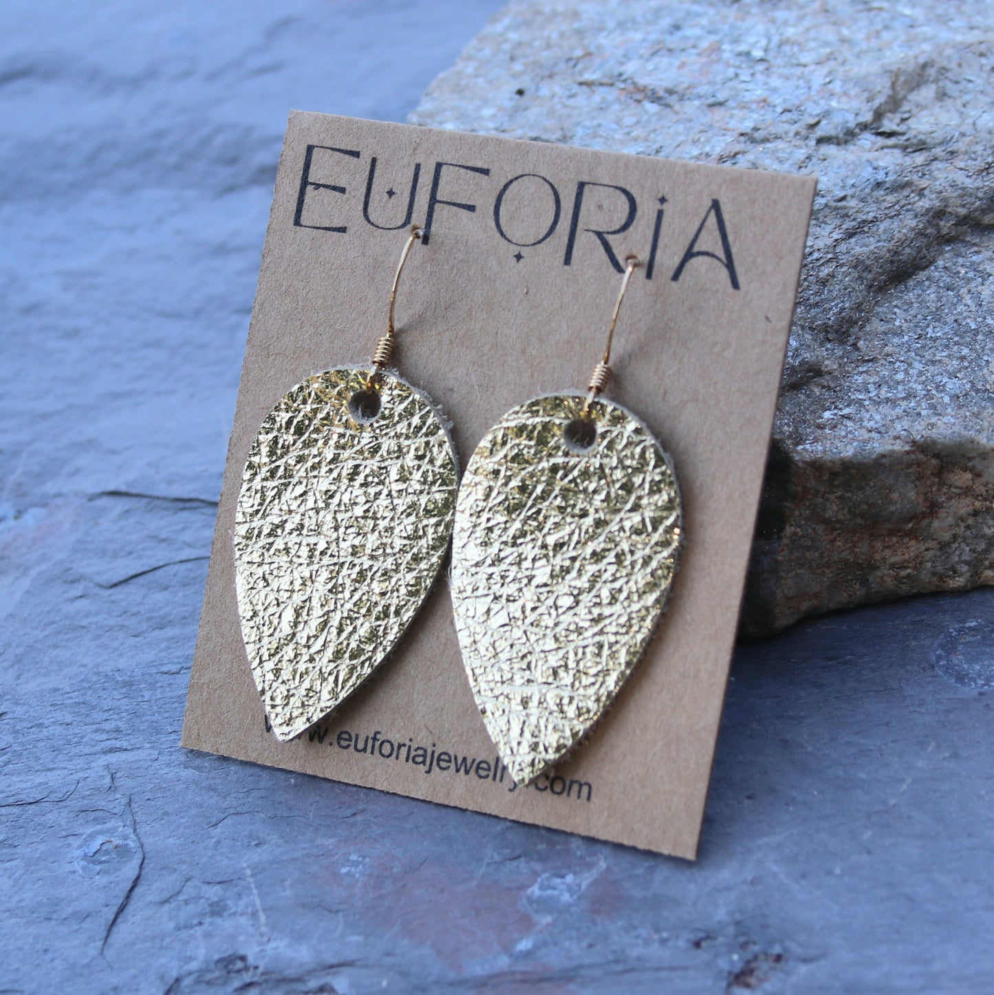 Gold metallic small teardrop leather earrings