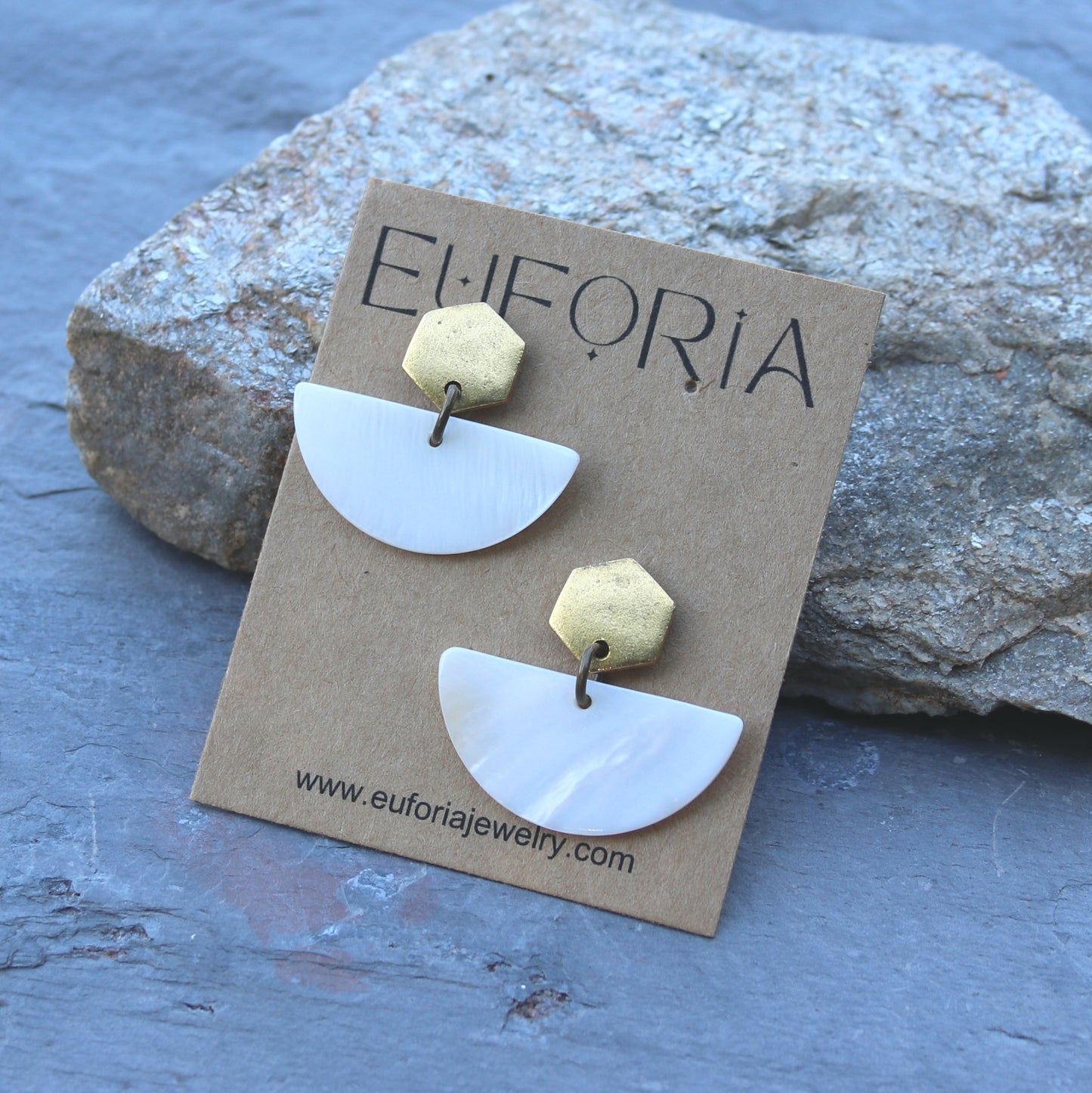 24k plated hexagon post earrings with half circle shell dangles. Stainless steel post