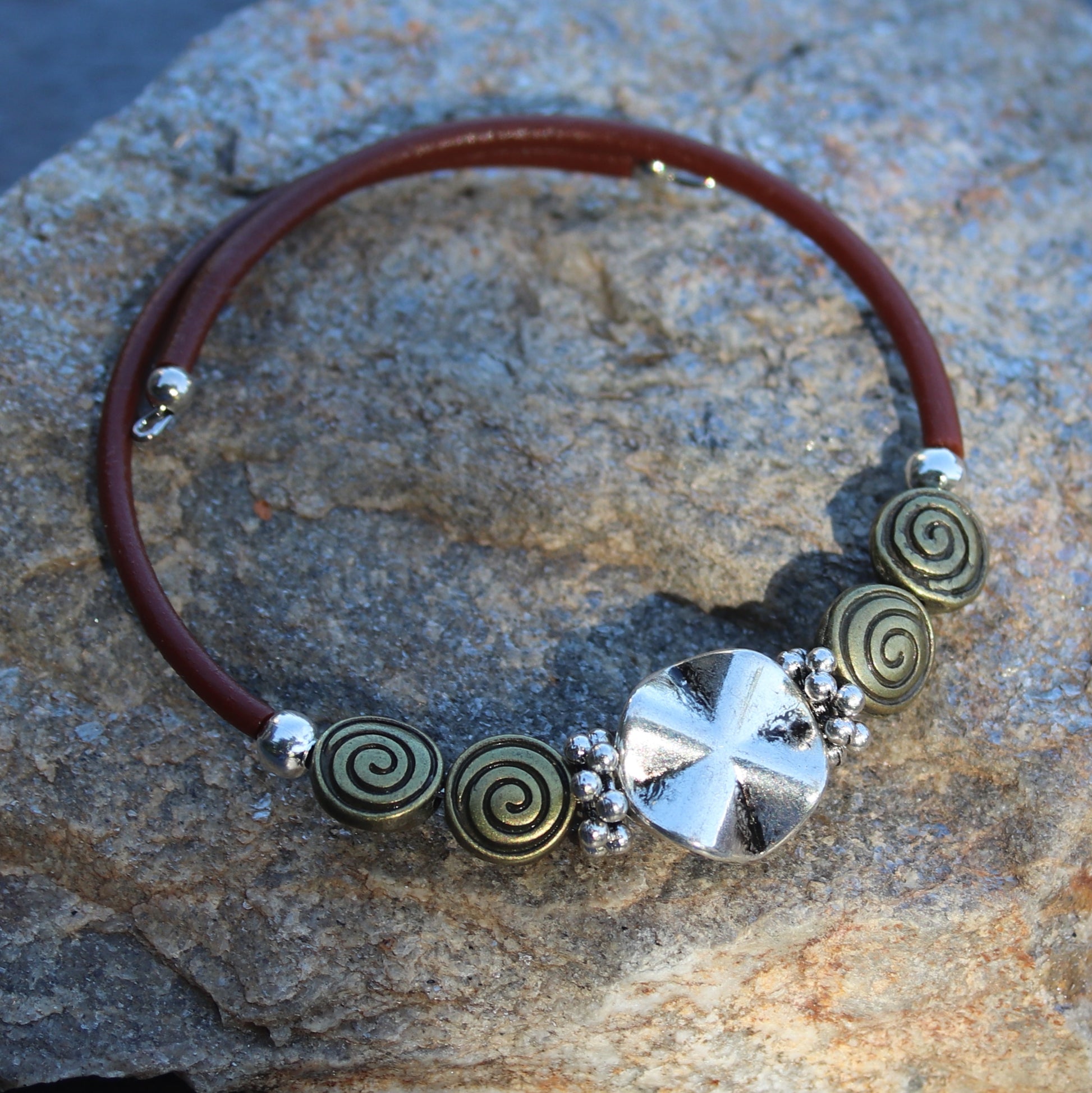pewter wavy circle and antique bronze circles wrap bracelet