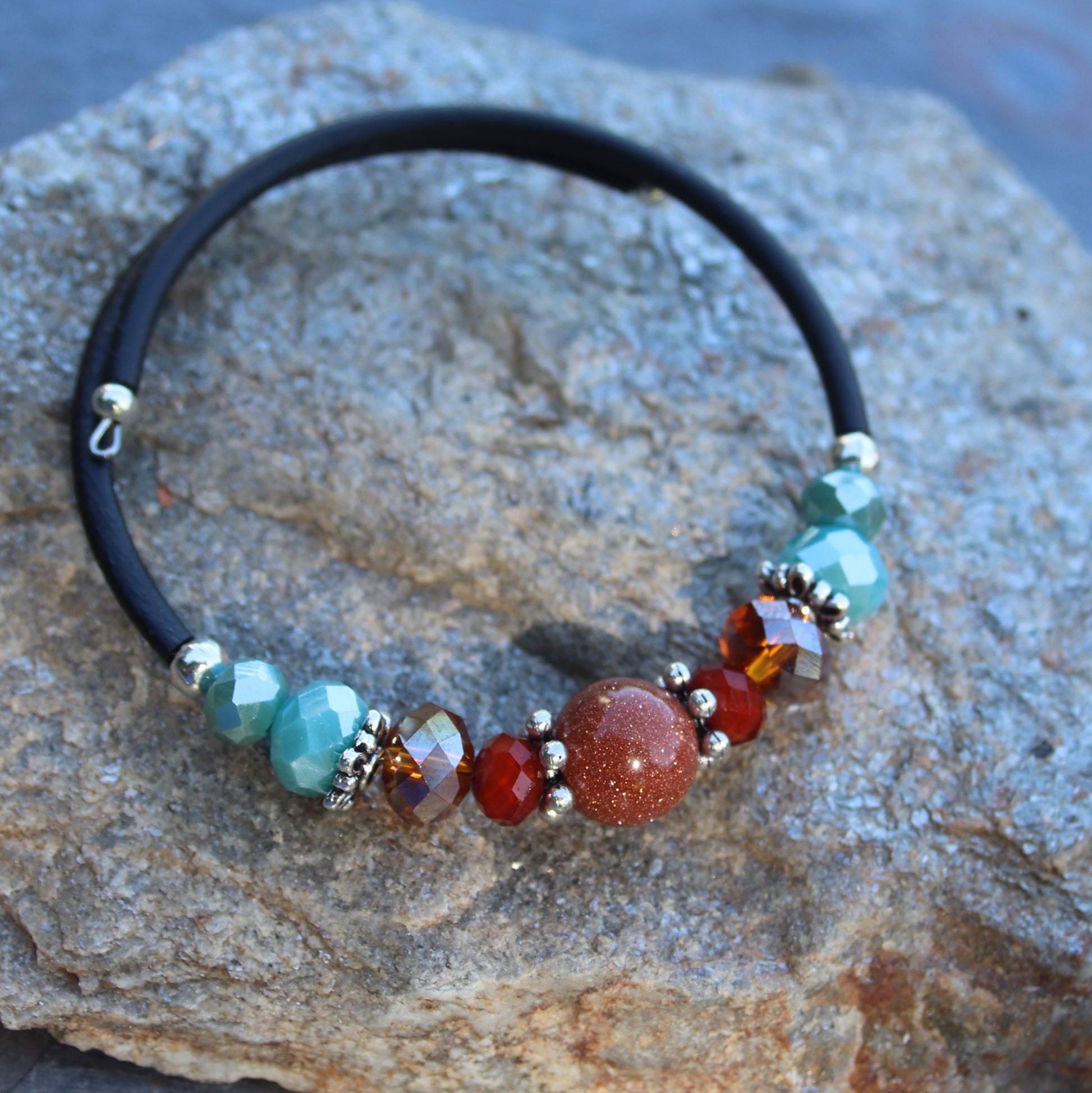 Goldstone and mixed blue and brown beads wrap bracelet