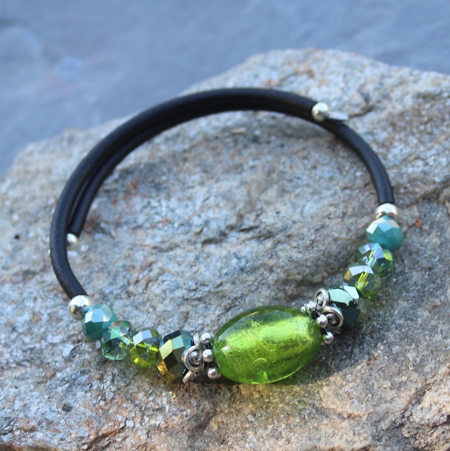 Wrap Bracelet - bright green glass over foil center bead with mix green iris and aqua glass beads