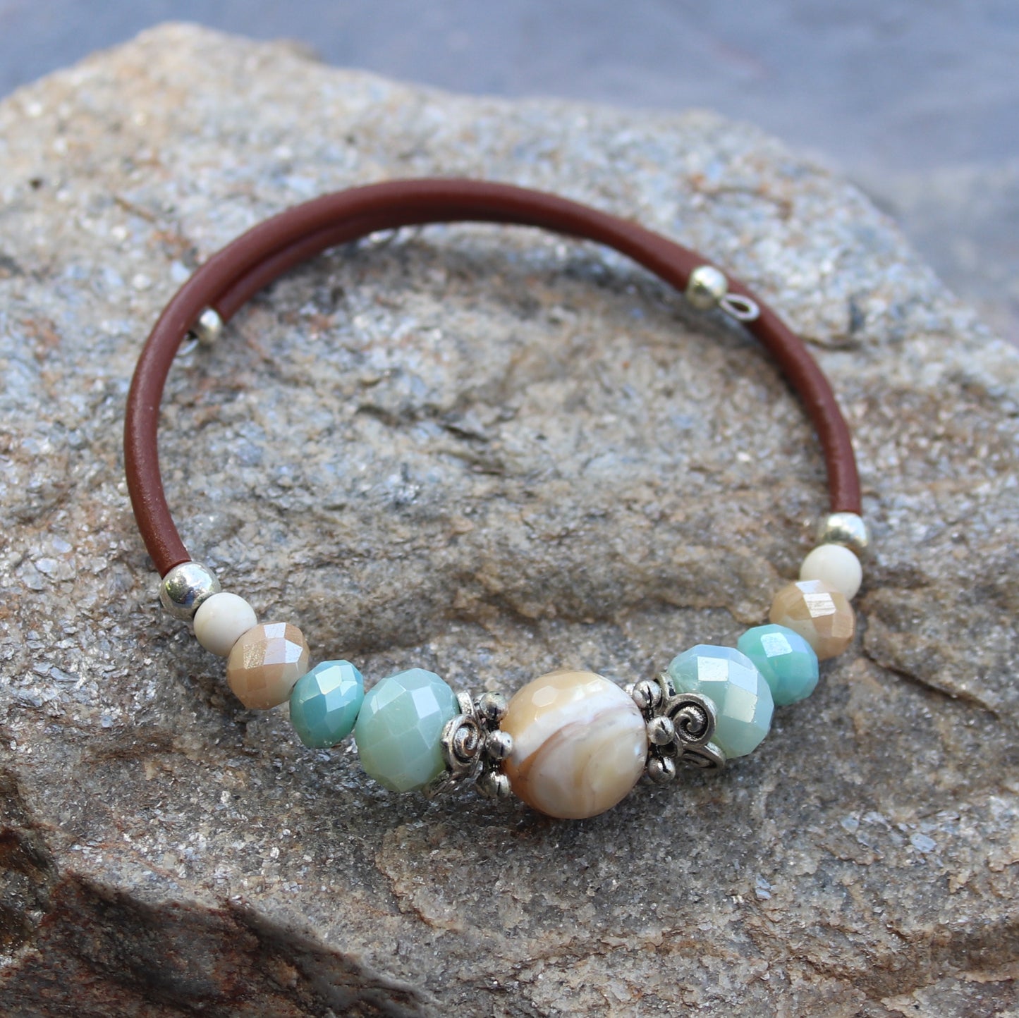 Wrap Bracelet - 10mm round natural shell bead with mix aqua and sandy colored beads