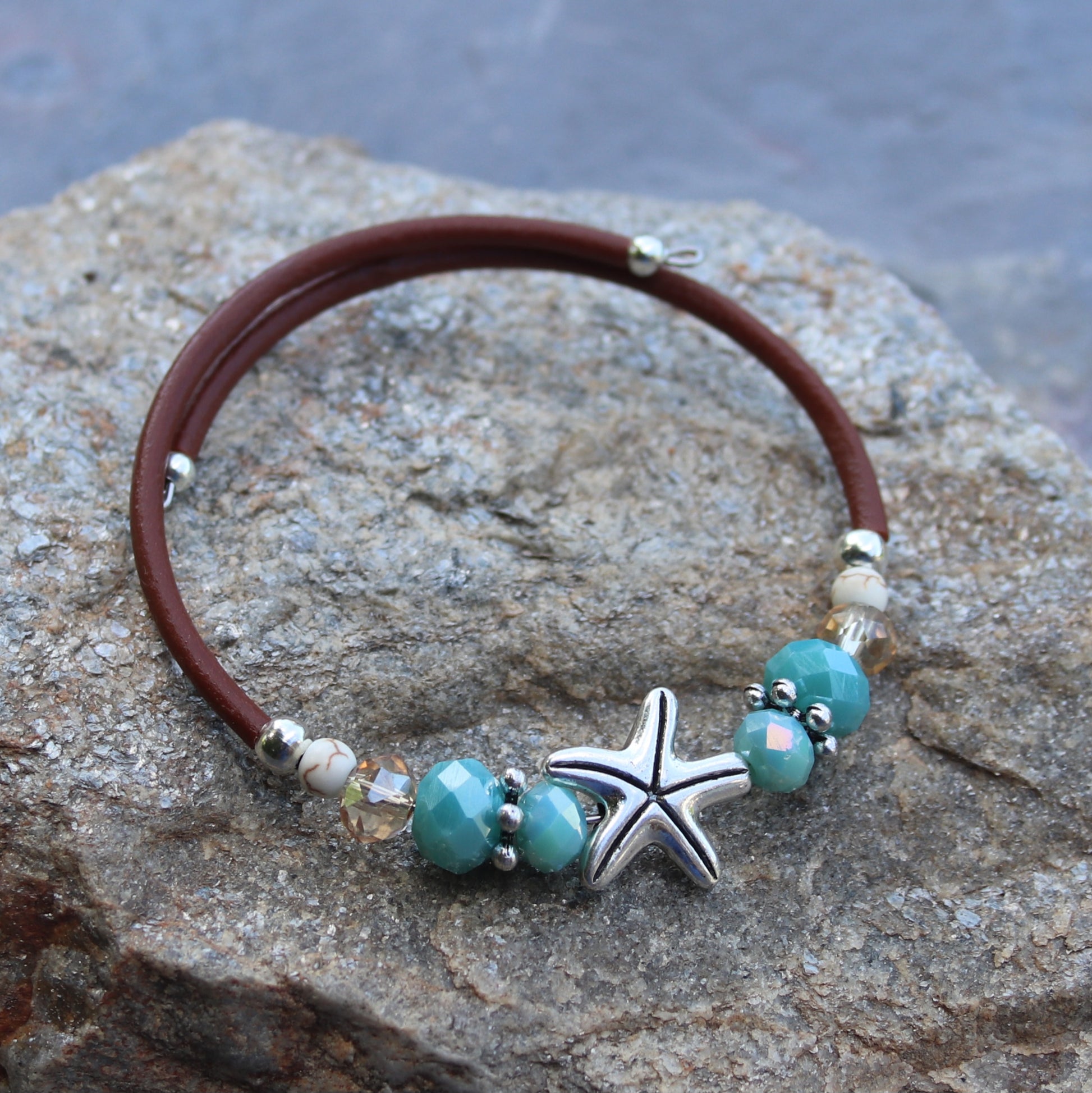 Wrap Bracelet - pewter star fish bead with mix aqua and sandy colored beads