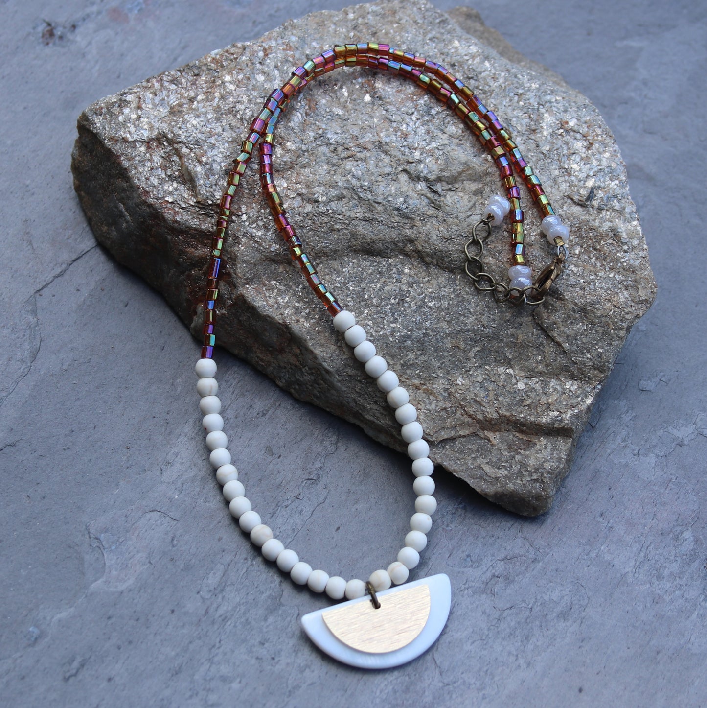 Shell and Brass Half Circle Pendant Necklace