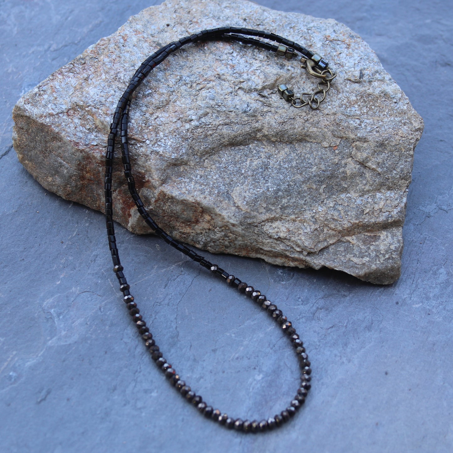 Black micro faceted glass crystals and Czech seed beads adjustable choker necklace
