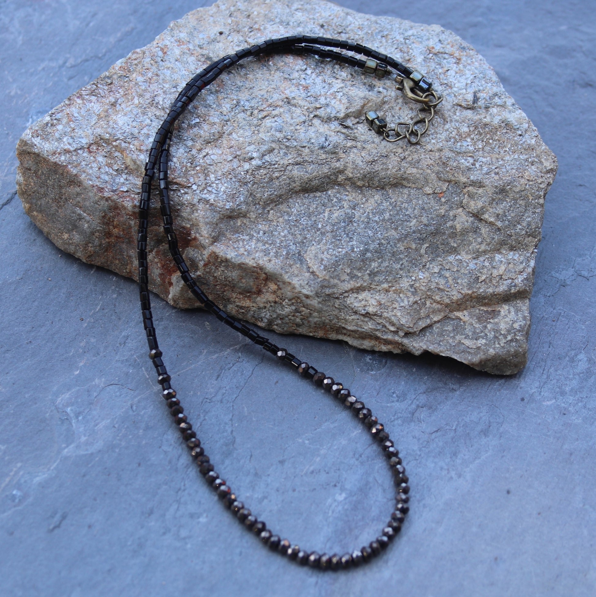 Black micro faceted glass crystals and Czech seed beads adjustable choker necklace
