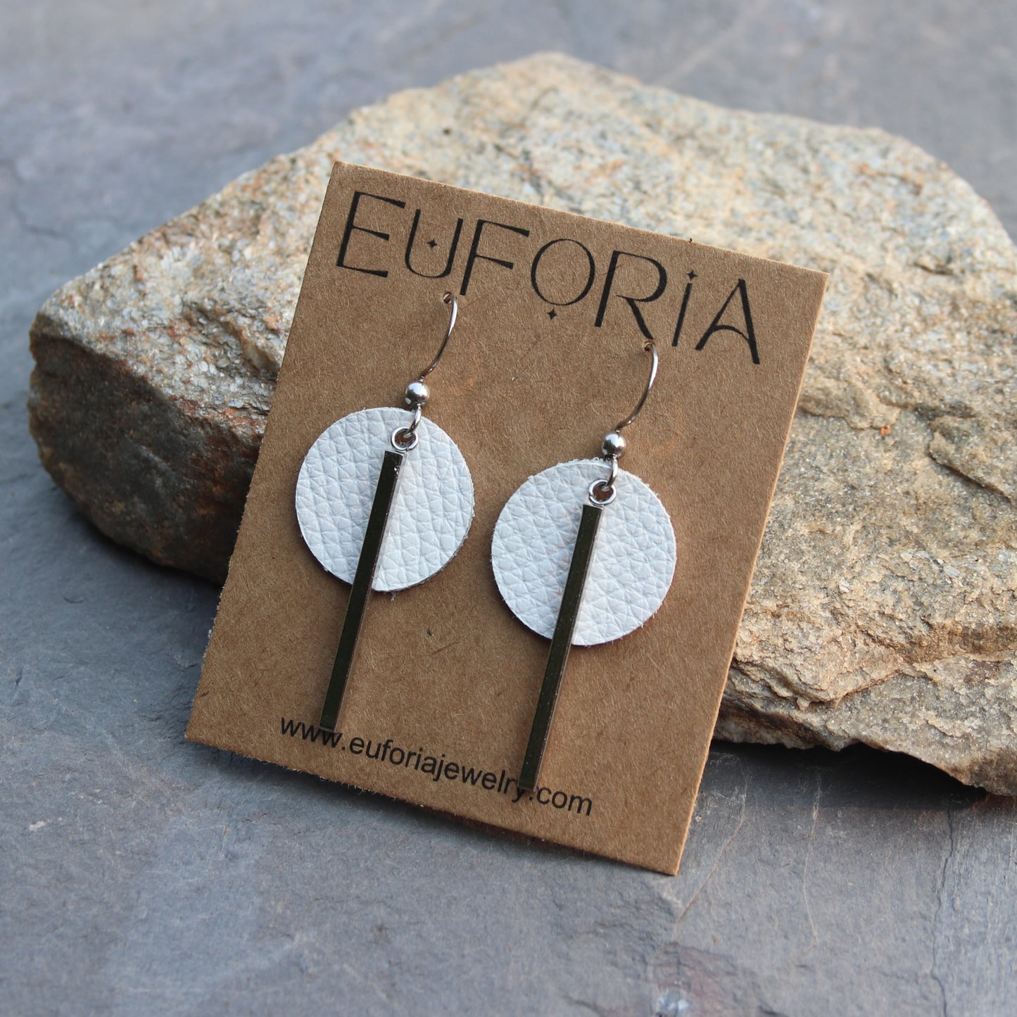 Small Circle & Bar Leather Earrings - Bright White