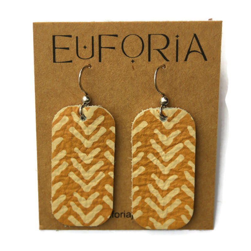 Small Barrel Leather Earrings - Mustard Rustic Chevrons