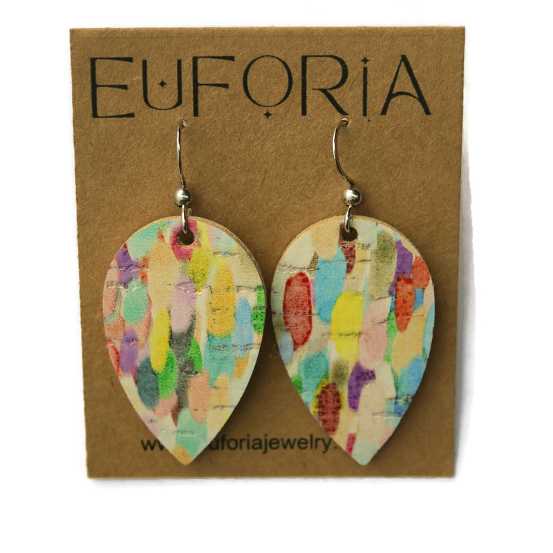 Small Teardrop Cork & Leather Earring - Watercolors