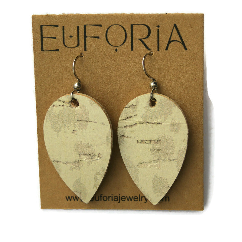 Small Teardrop Cork & Leather Earring - Cream Leopard