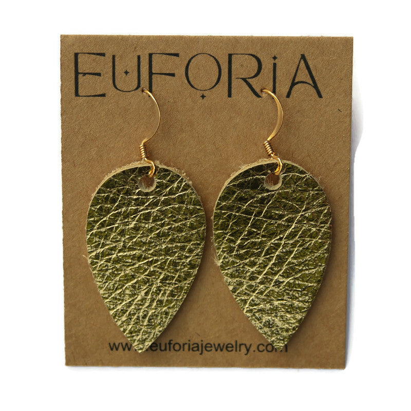 Small Teardrop Leather Earrings - Gold Metallic