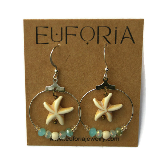 Dangle Earrings - bone colored resin starfish bead dangle inside a stainless steel beaded hoop