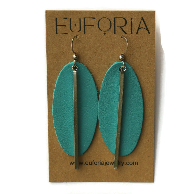 Long Oval Leather and Bar Earrings - Aqua