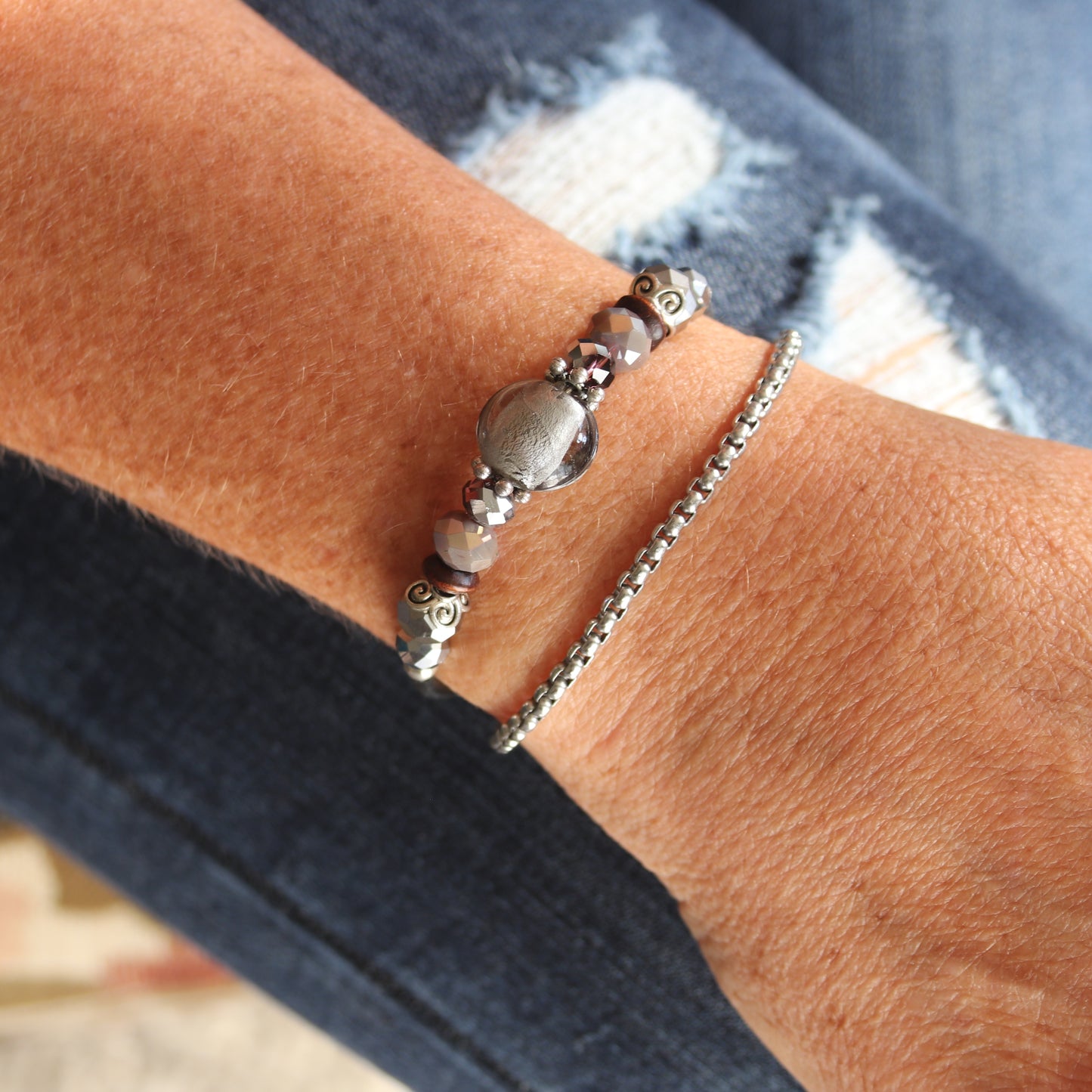 Wrap Bracelet & Earring Set - Gray foil glass