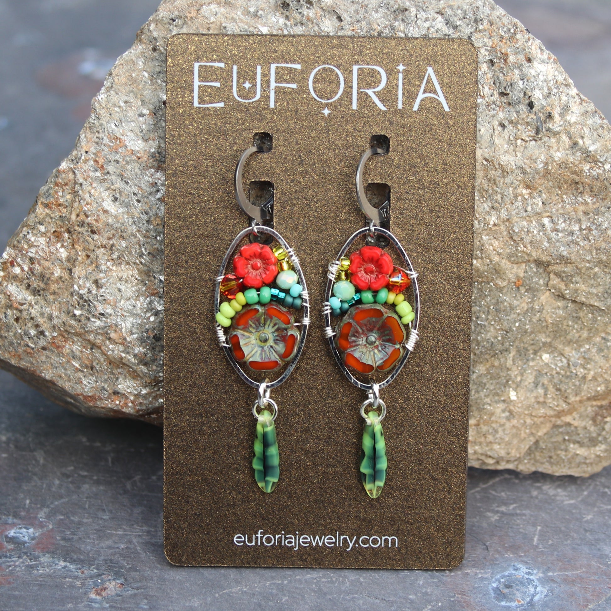 Dangle Earrings - Czech glass flowers, Swarovski, Japanese seed beads woven onto silver oval hoop. Stainless steel euro wires. Length about 2.25"