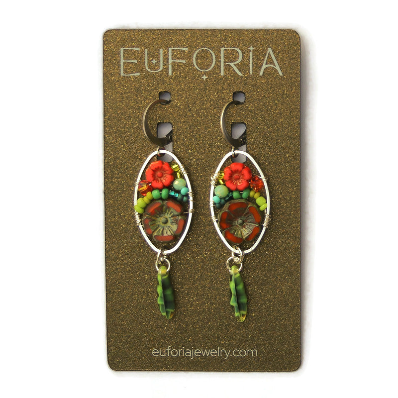 Dangle Earrings - Czech glass flowers, Swarovski, Japanese seed beads woven onto silver oval hoop. Stainless steel euro wires. Length about 2.25"