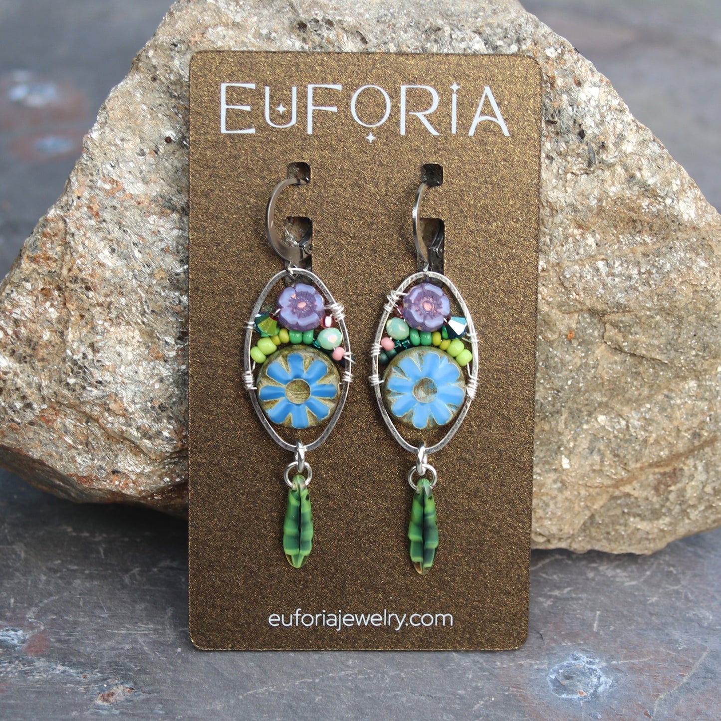 Dangle Earrings - Czech glass flowers, Swarovski, Japanese seed beads woven onto silver oval hoop. Stainless steel euro wires. Length about 2.25"