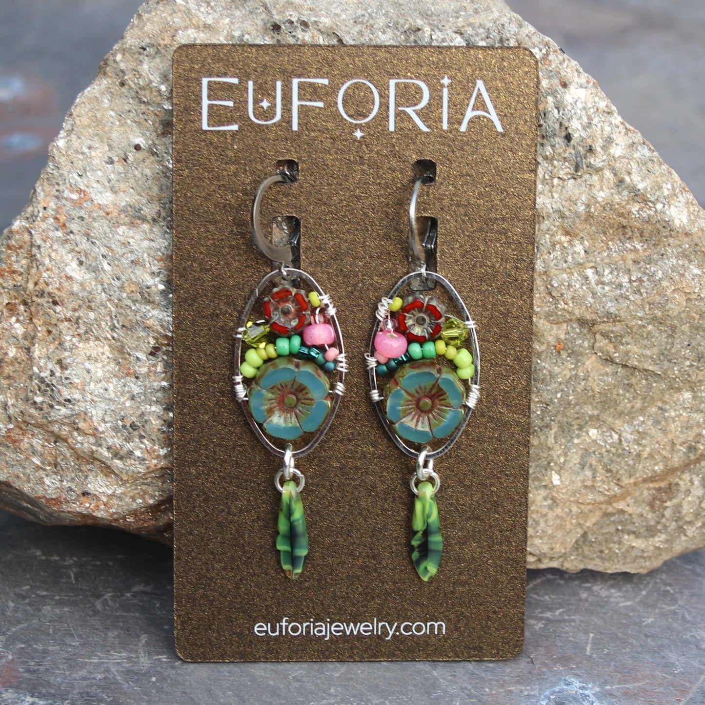 Dangle Earrings - Czech glass flowers, Swarovski, Japanese seed beads woven onto silver oval hoop. Stainless steel euro wires. Length about 2.25"