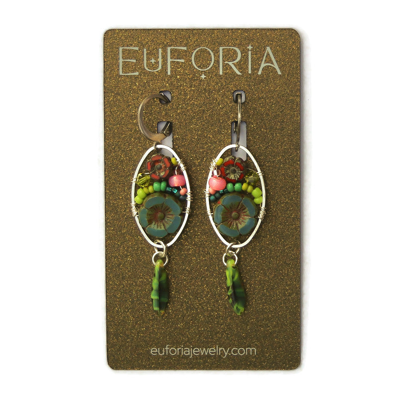 Dangle Earrings - Czech glass flowers, Swarovski, Japanese seed beads woven onto silver oval hoop. Stainless steel euro wires. Length about 2.25"