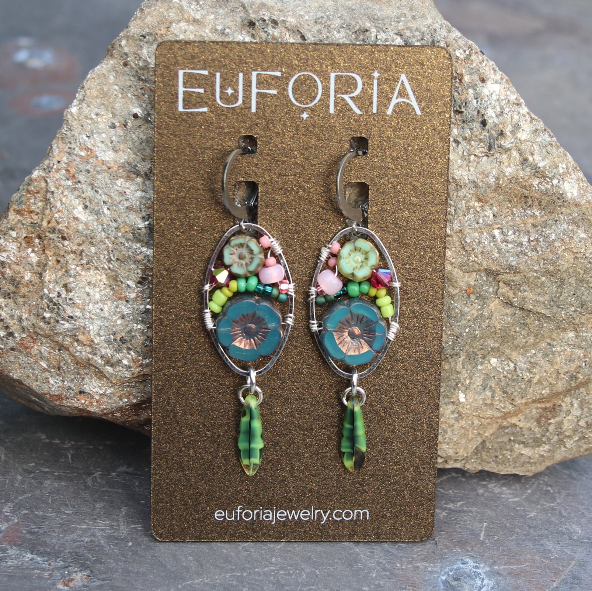 Dangle Earrings - Czech glass flowers, Swarovski, Japanese seed beads woven onto silver oval hoop. Stainless steel euro wires. Length about 2.25"