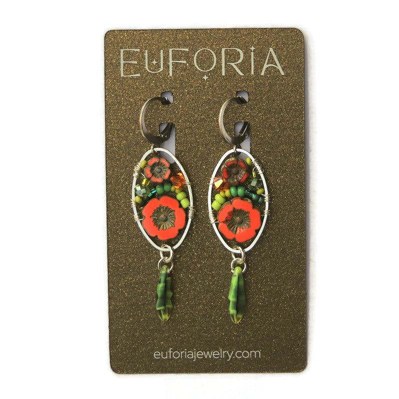 Dangle Earrings - Czech glass flowers, Swarovski, Japanese seed beads woven onto silver oval hoop. Stainless steel euro wires. Length about 2.25"