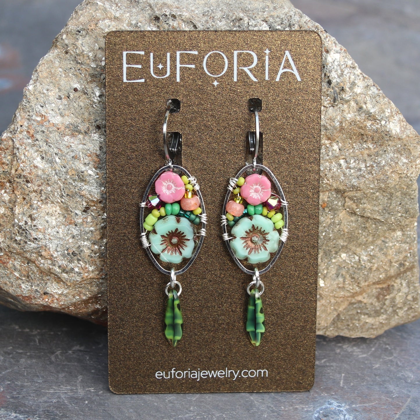 Dangle Earrings - Czech glass flowers, Swarovski, Japanese seed beads woven onto silver oval hoop. Stainless steel euro wires. Length about 2.25"