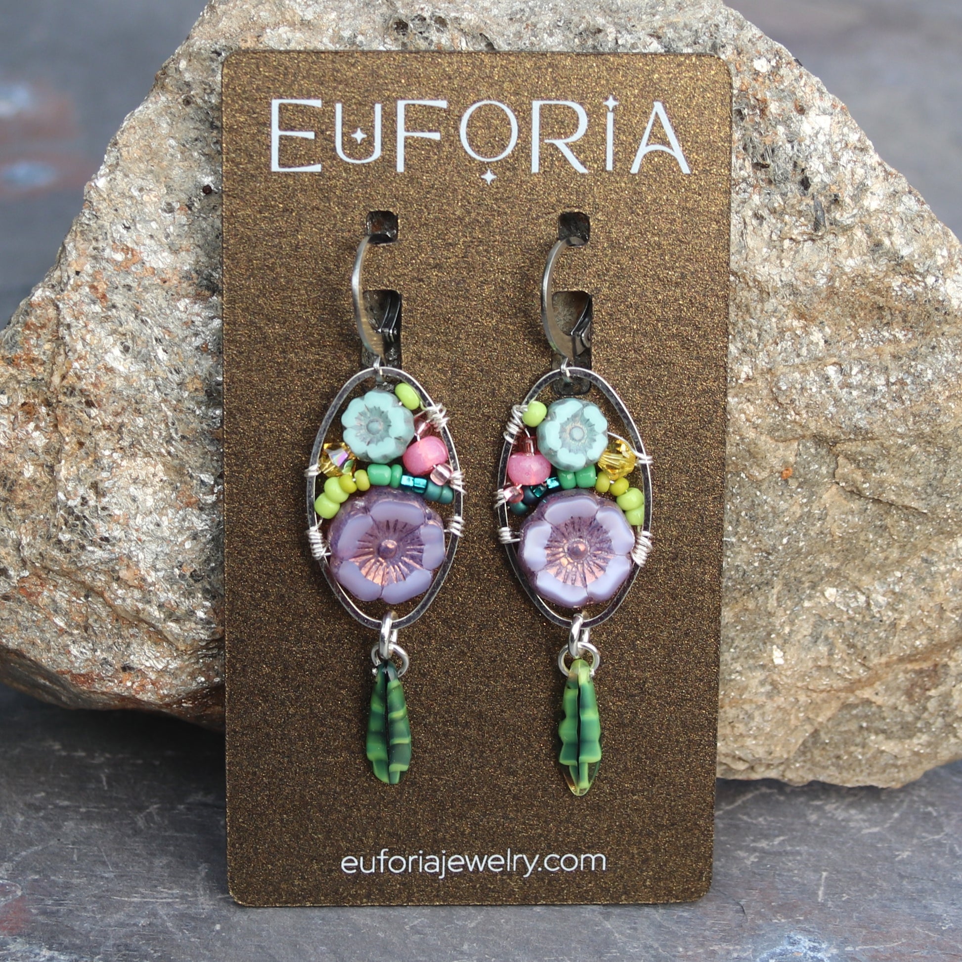Dangle Earrings - Czech glass flowers, Swarovski, Japanese seed beads woven onto silver oval hoop. Stainless steel euro wires. Length about 2.25"