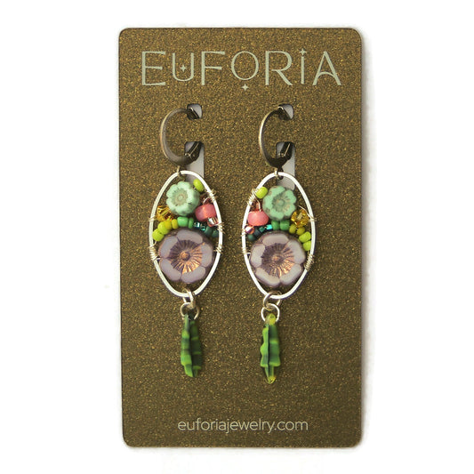 Dangle Earrings - Czech glass flowers, Swarovski, Japanese seed beads woven onto silver oval hoop. Stainless steel euro wires. Length about 2.25"