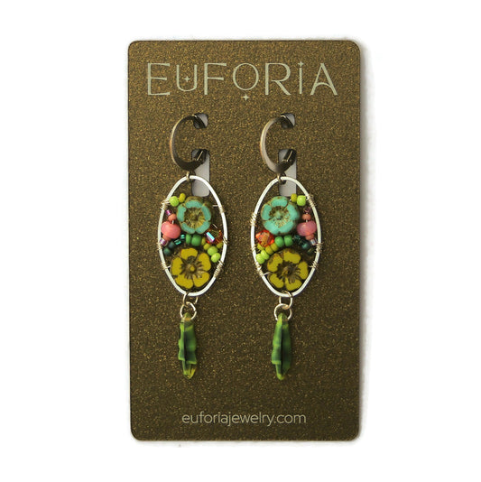 Dangle Earrings - Czech glass flowers, Swarovski, Japanese seed beads woven onto silver oval hoop. Stainless steel euro wires. Length about 2.25"
