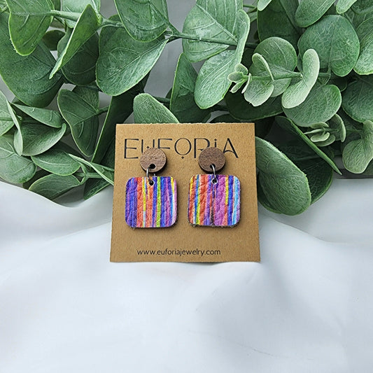 leather square earrings with round wood post. .75" squares in bright, multi-color artistic stripe pattern.