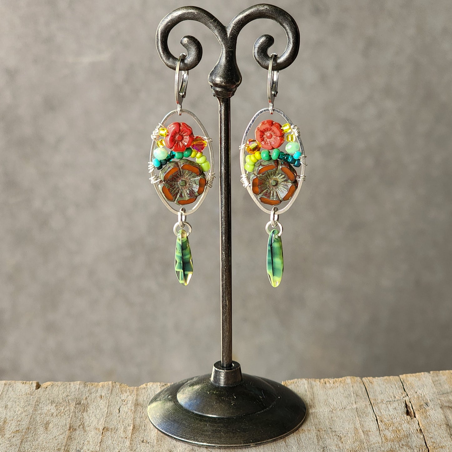 Dangle Earrings - Czech glass flowers, Swarovski, Japanese seed beads woven onto silver oval hoop. Stainless steel euro wires. Length about 2.25"