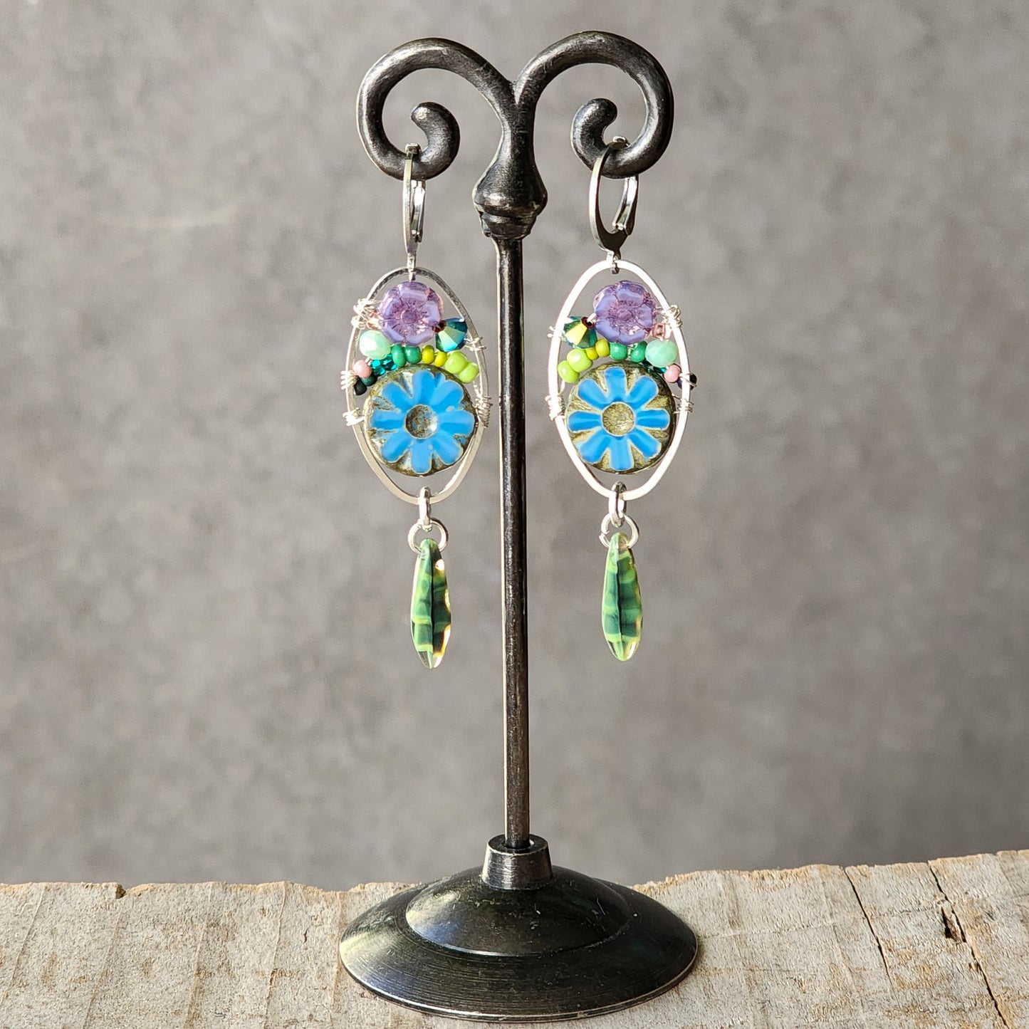 Dangle Earrings - Czech glass flowers, Swarovski, Japanese seed beads woven onto silver oval hoop. Stainless steel euro wires. Length about 2.25"