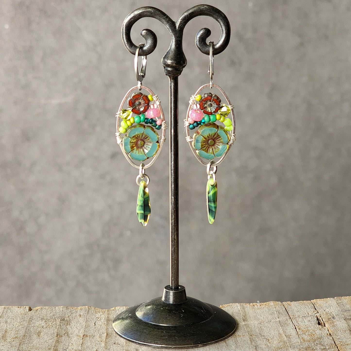 Dangle Earrings - Czech glass flowers, Swarovski, Japanese seed beads woven onto silver oval hoop. Stainless steel euro wires. Length about 2.25"