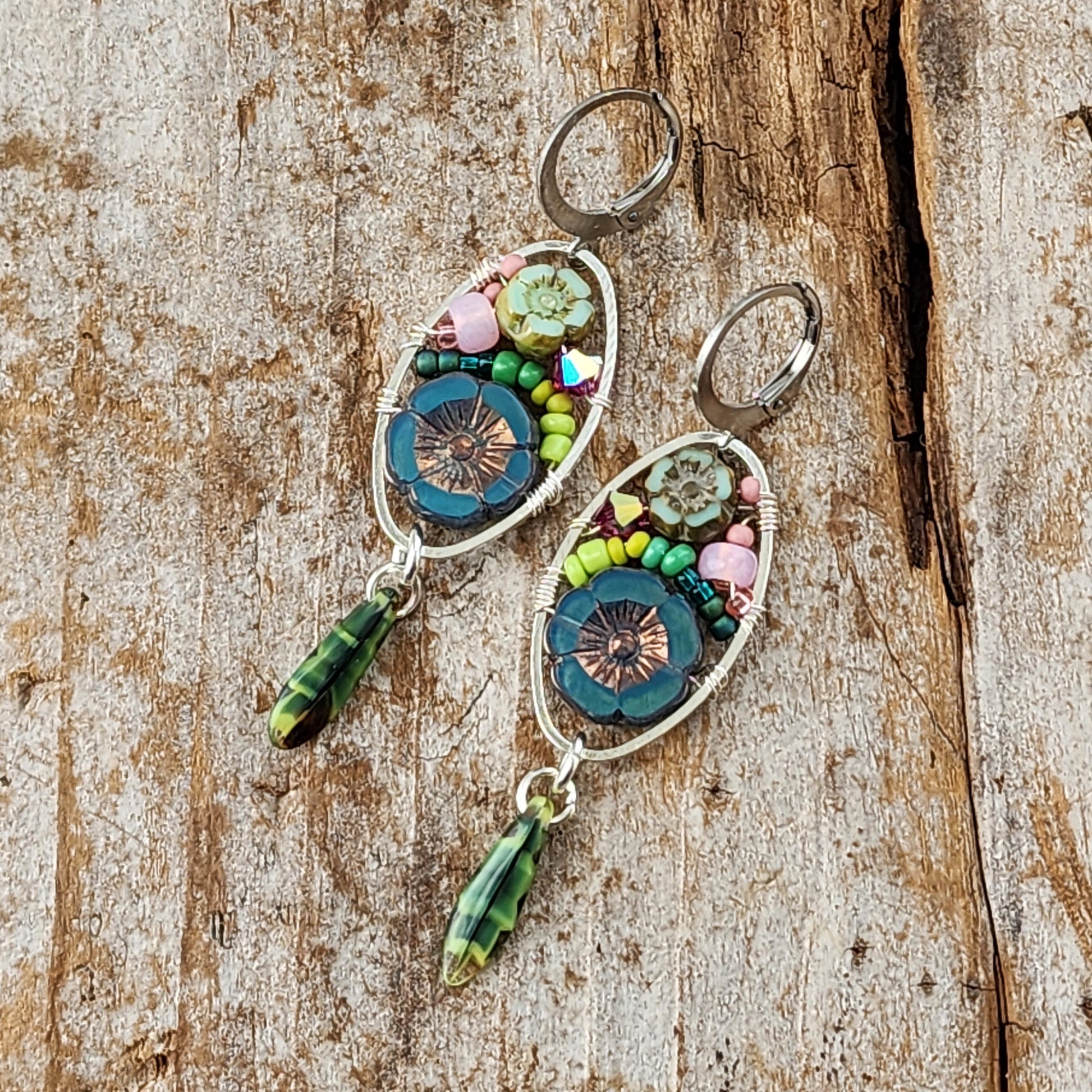 Dangle Earrings - Czech glass flowers, Swarovski, Japanese seed beads woven onto silver oval hoop. Stainless steel euro wires. Length about 2.25"