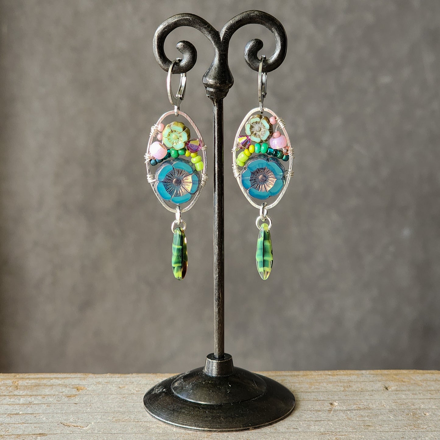 Dangle Earrings - Czech glass flowers, Swarovski, Japanese seed beads woven onto silver oval hoop. Stainless steel euro wires. Length about 2.25"