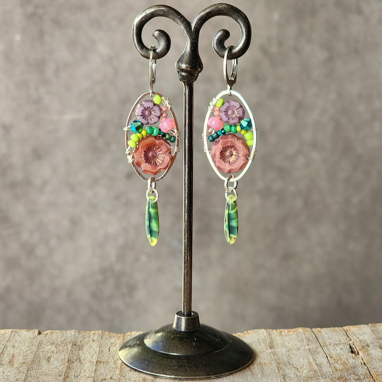 Dangle Earrings - Czech glass flowers, Swarovski, Japanese seed beads woven onto silver oval hoop. Stainless steel euro wires. Length about 2.25"