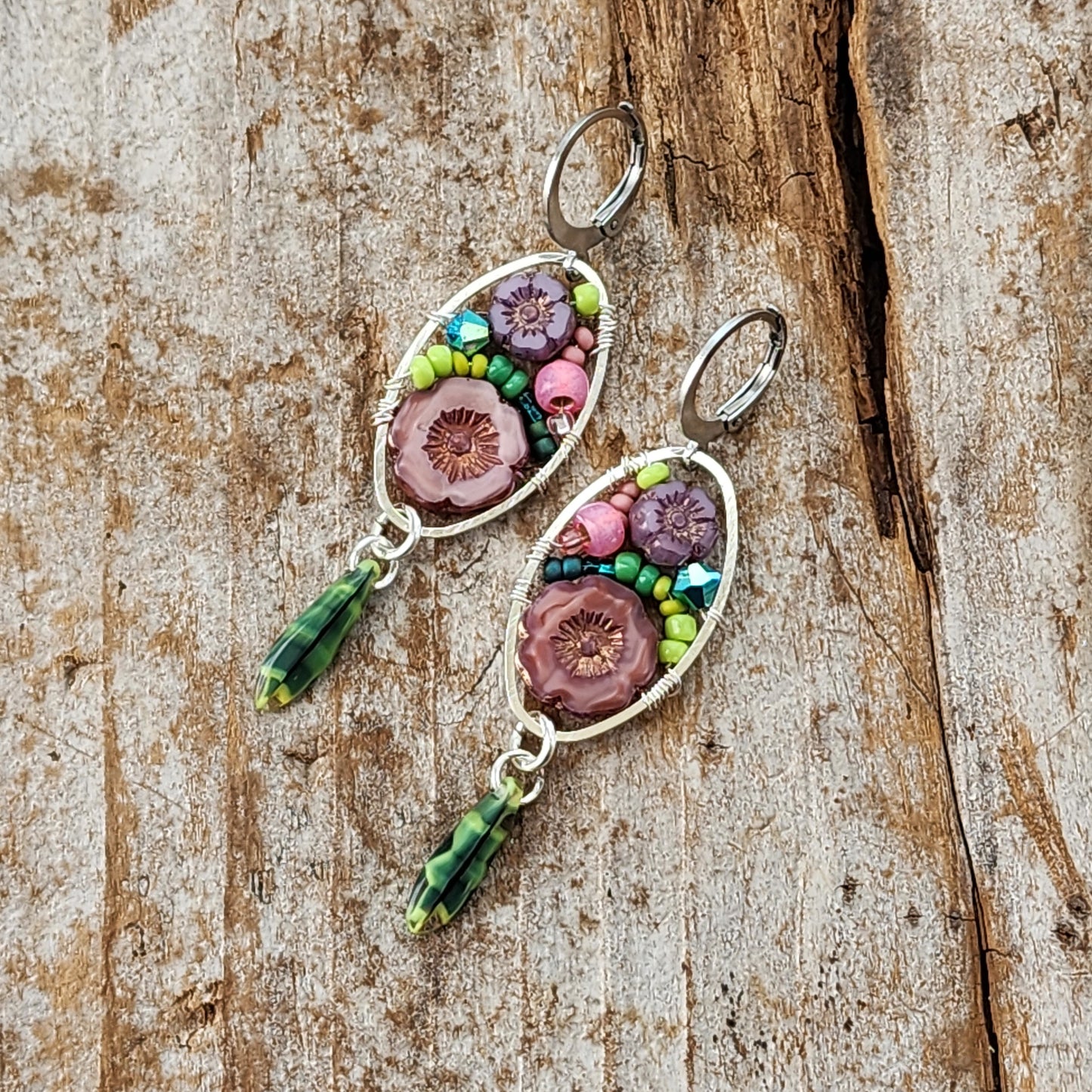 Dangle Earrings - Czech glass flowers, Swarovski, Japanese seed beads woven onto silver oval hoop. Stainless steel euro wires. Length about 2.25"