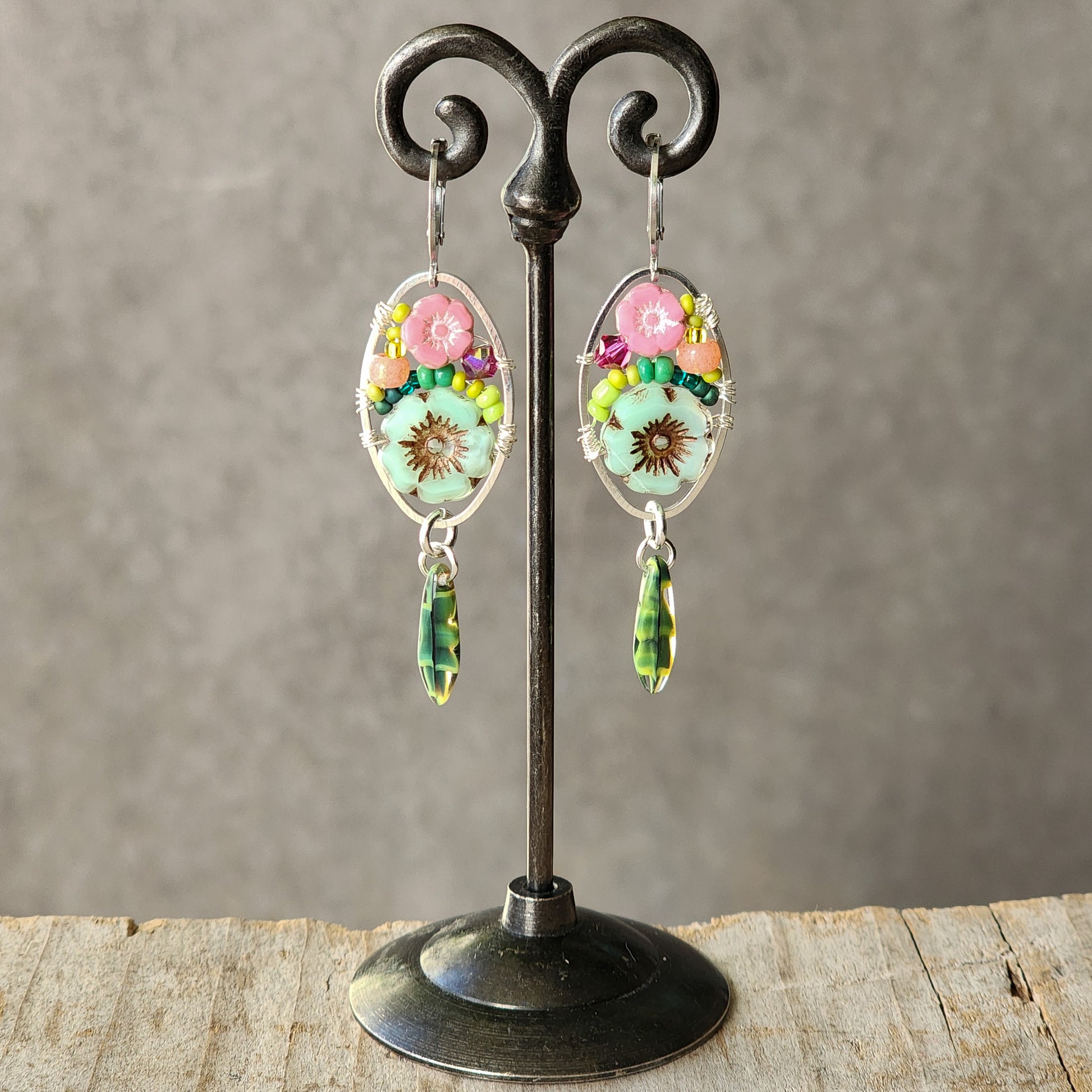 Dangle Earrings - Czech glass flowers, Swarovski, Japanese seed beads woven onto silver oval hoop. Stainless steel euro wires. Length about 2.25"