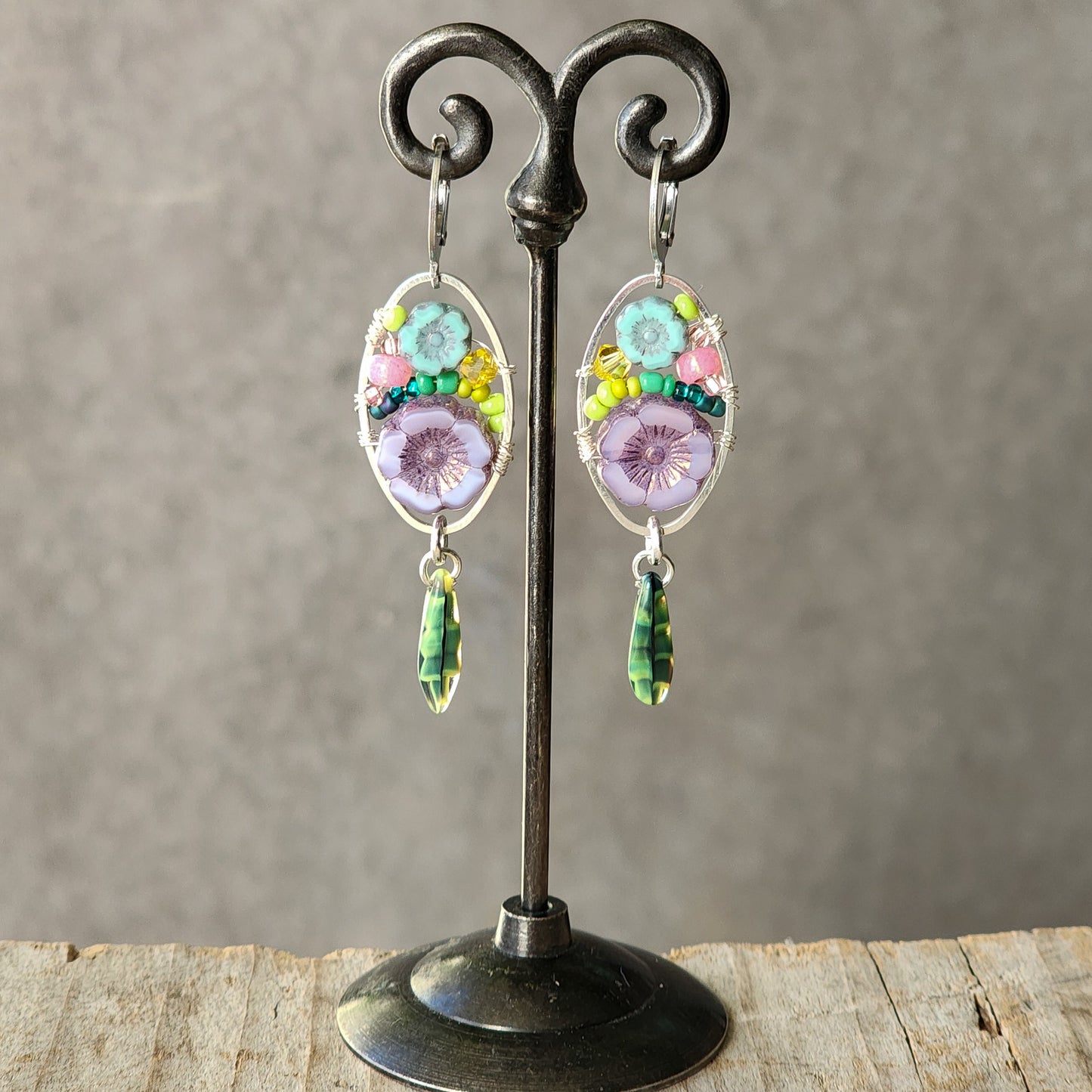 Dangle Earrings - Czech glass flowers, Swarovski, Japanese seed beads woven onto silver oval hoop. Stainless steel euro wires. Length about 2.25"