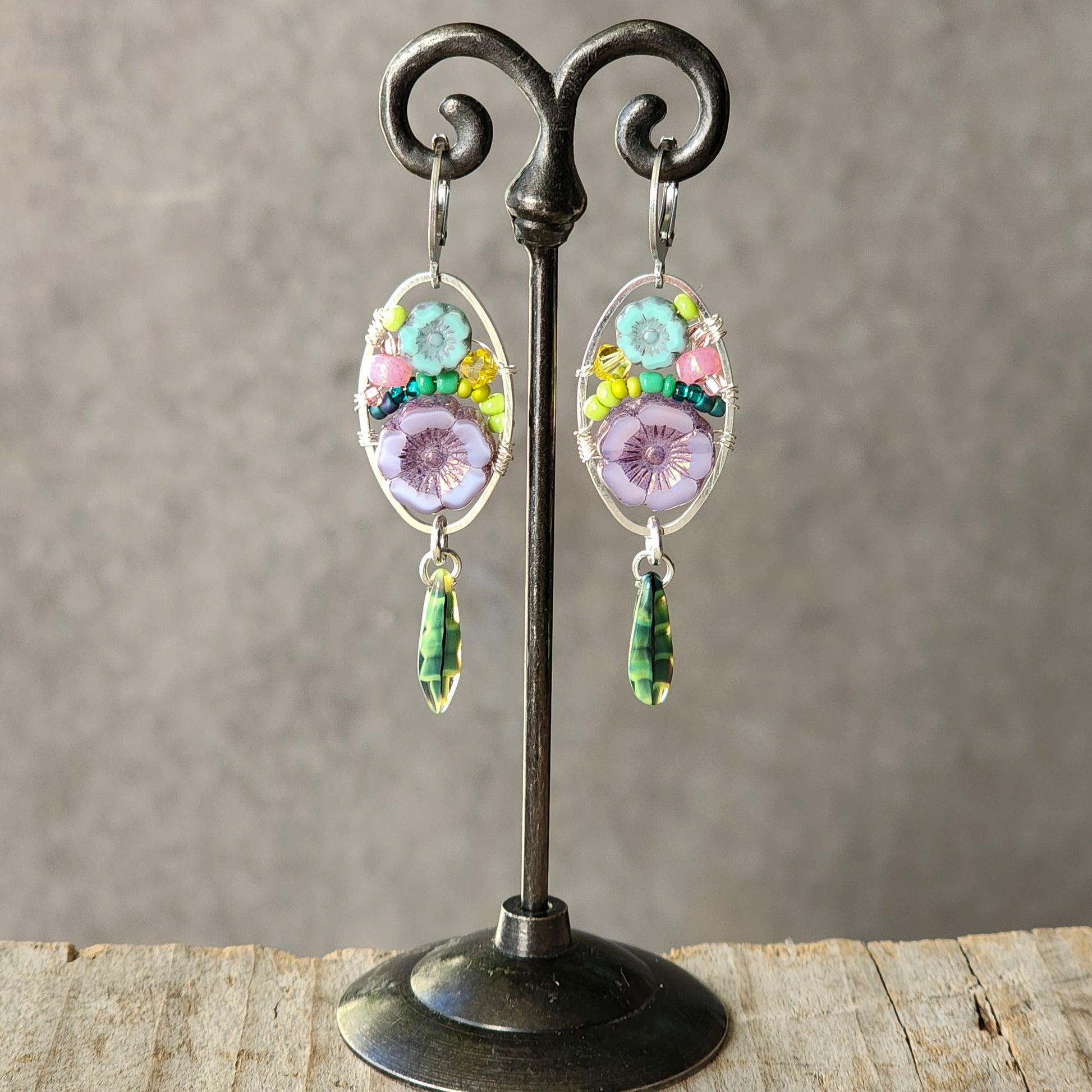 Dangle Earrings - Czech glass flowers, Swarovski, Japanese seed beads woven onto silver oval hoop. Stainless steel euro wires. Length about 2.25"