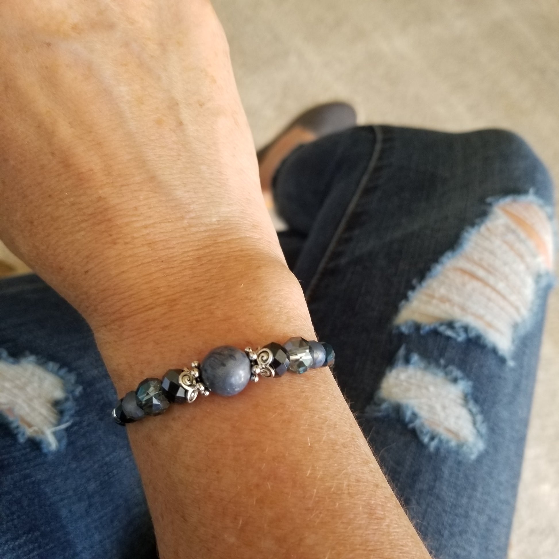 Wrap Bracelet and Earring Set - 10 mm round blue coral bead with mix blue glass beads